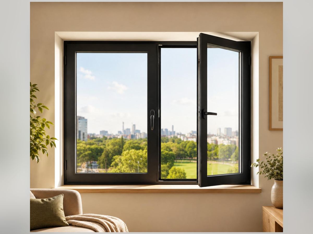 Ventana abatible de PVC negra con una hoja abierta hacia el interior