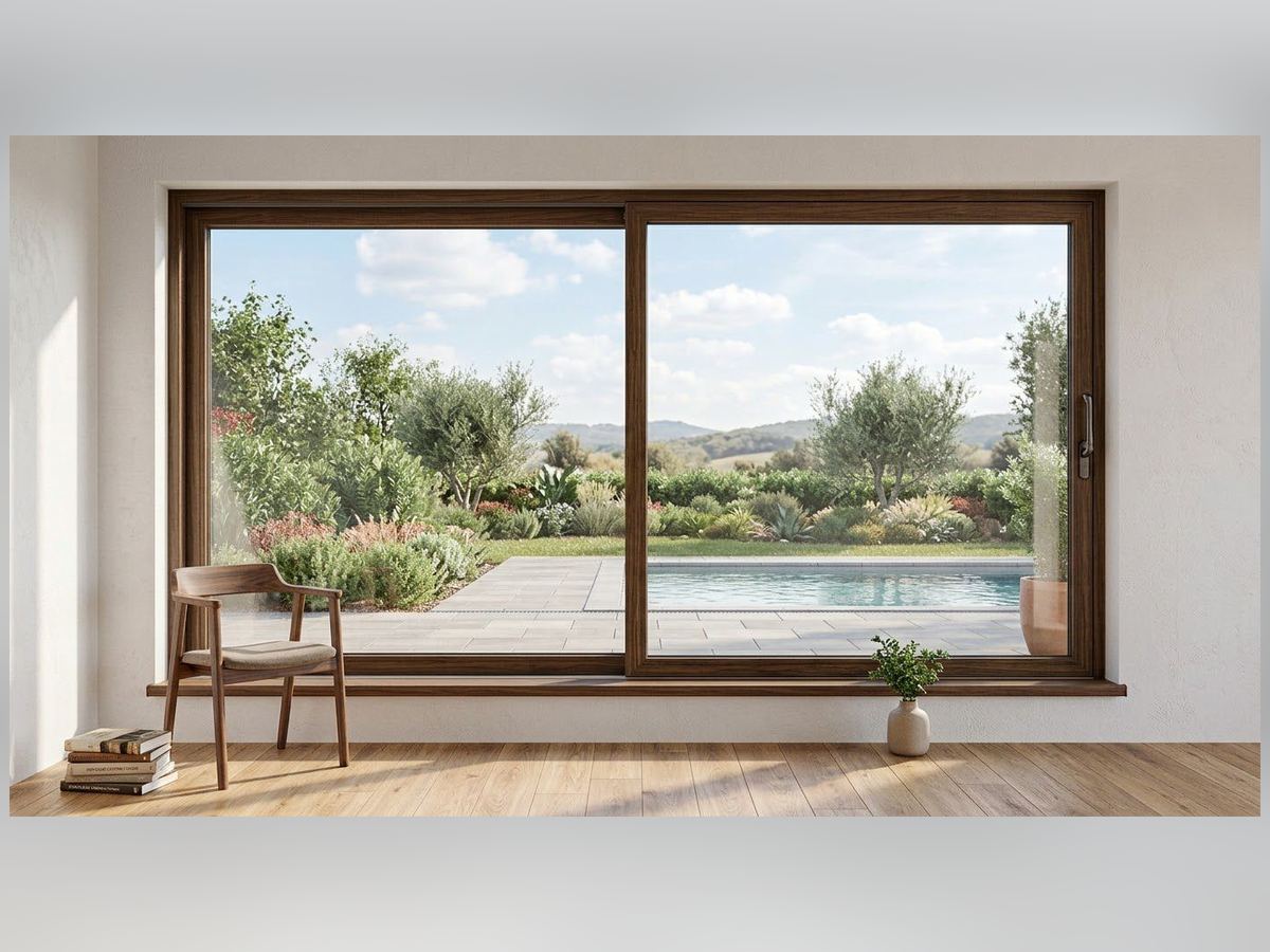 Ventana corredera de PVC color madera con vista a una piscina