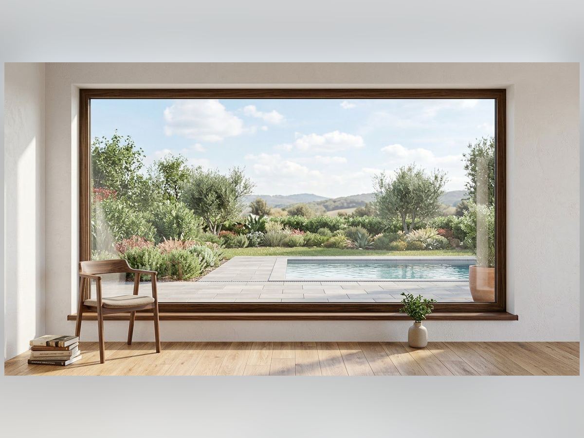 Ventana fija de PVC con termopanel instalada en un living con vista al jardín