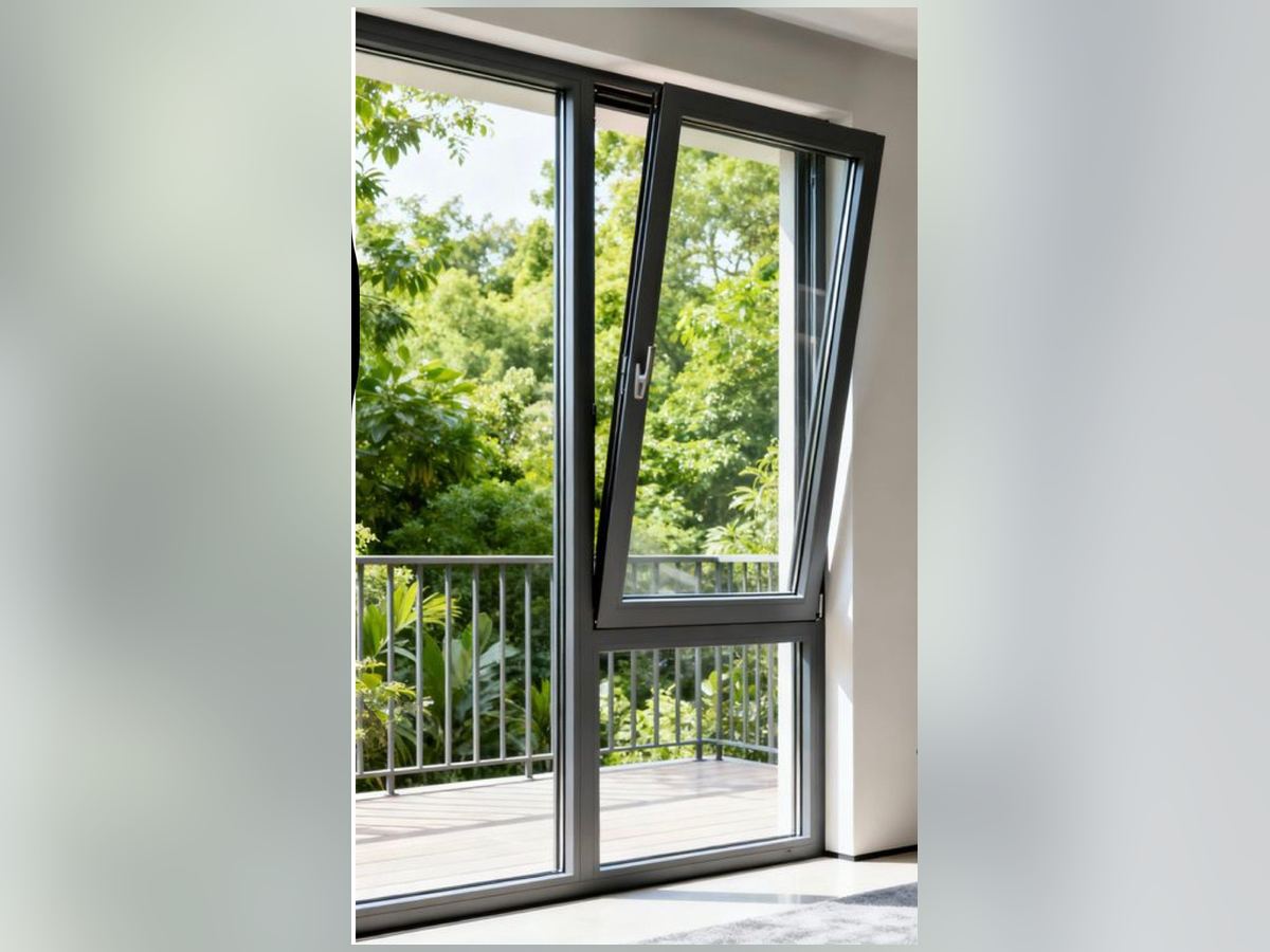 Ventana oscilobatiente de PVC negra abierta en posición inclinada