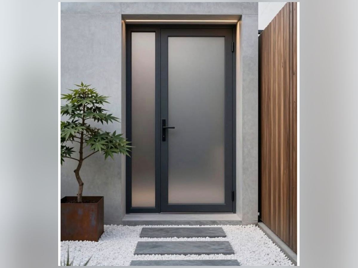 Puerta de PVC con vidrio esmerilado y paño lateral fijo, color antracita